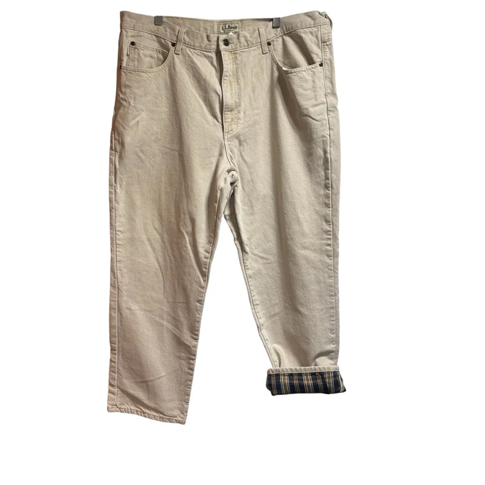 LL Bean Classic Fit‎ Flannel Lined Jeans Tan Plaid Mens Straight Leg Denim #700